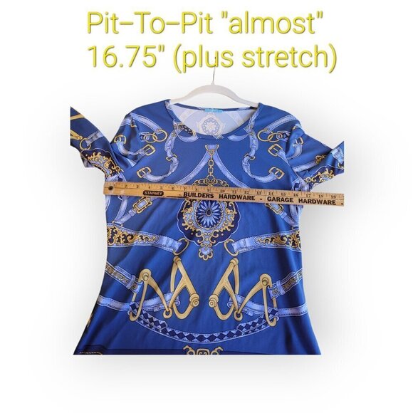 J McLaughlin Catalina Blue Gold Chainlink Stretch Top Small 3/4 Sleeve Classic - Picture 7 of 12